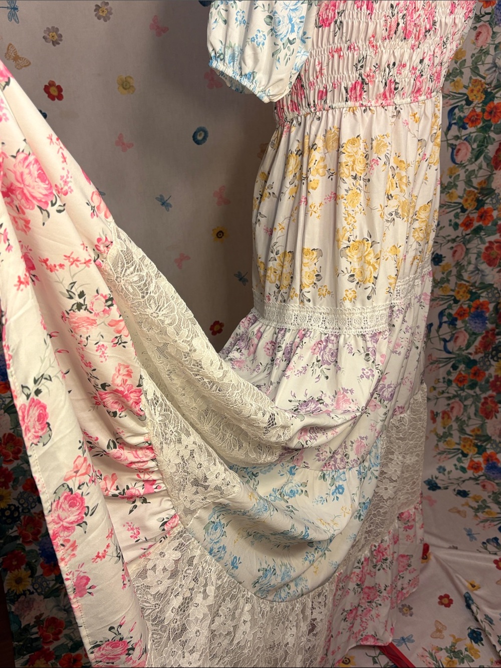 Bohemian Tiered Floral Pastel Maxi Dress in Multi-Color w/ Lace - Picture 9 of 11